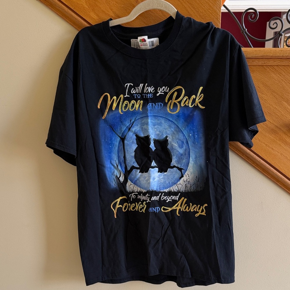 Fruit of the Loom Moon and Back Owl Graphic Tee - Black with Blue Moon Size Larg